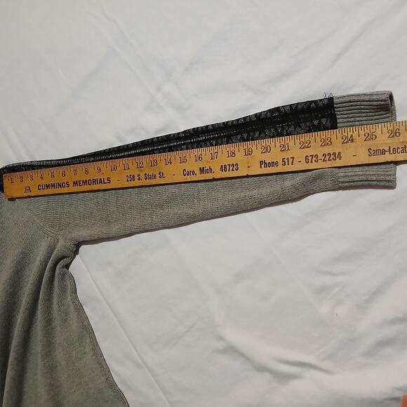 BCBG MAX AZARIA Med Grey Black-Lace-Accent Long-Sleeved Cotton Blend Sweater - Picture 12 of 13